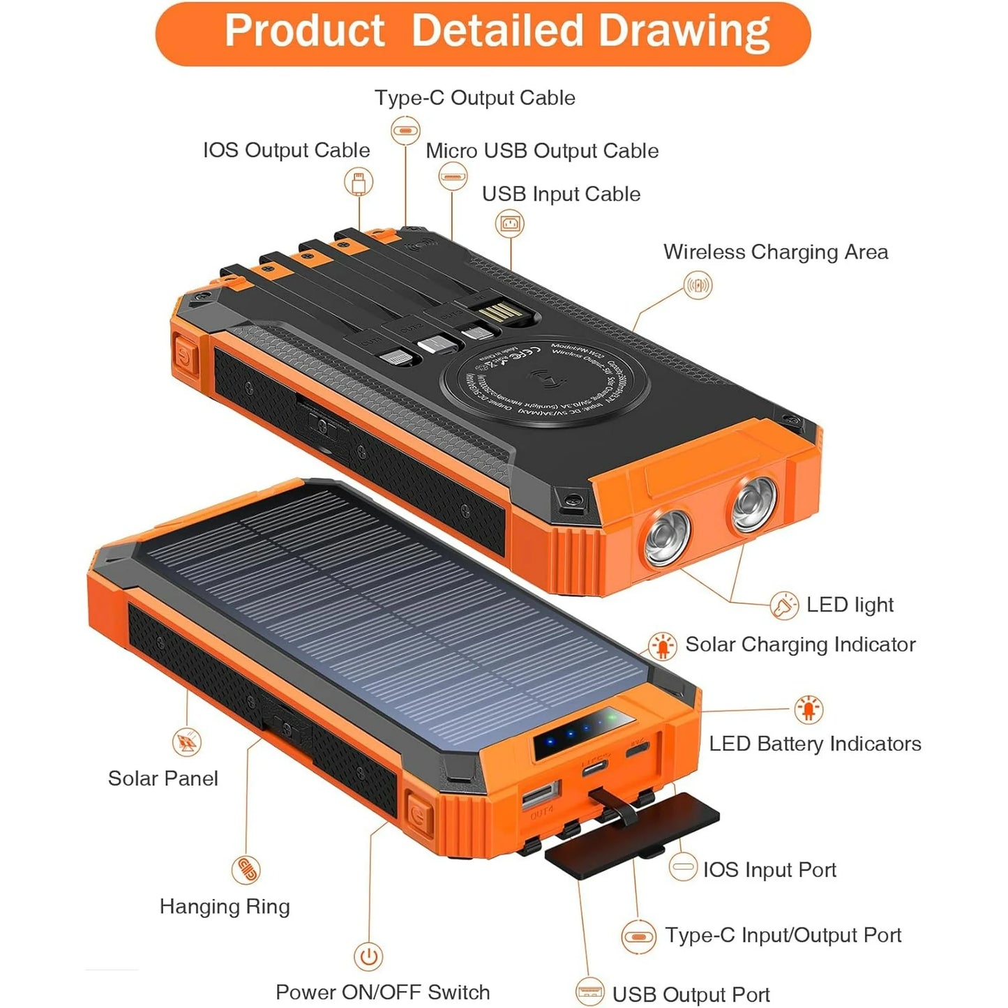 36000Mah Solar Charger Power Bank with 4 Cables