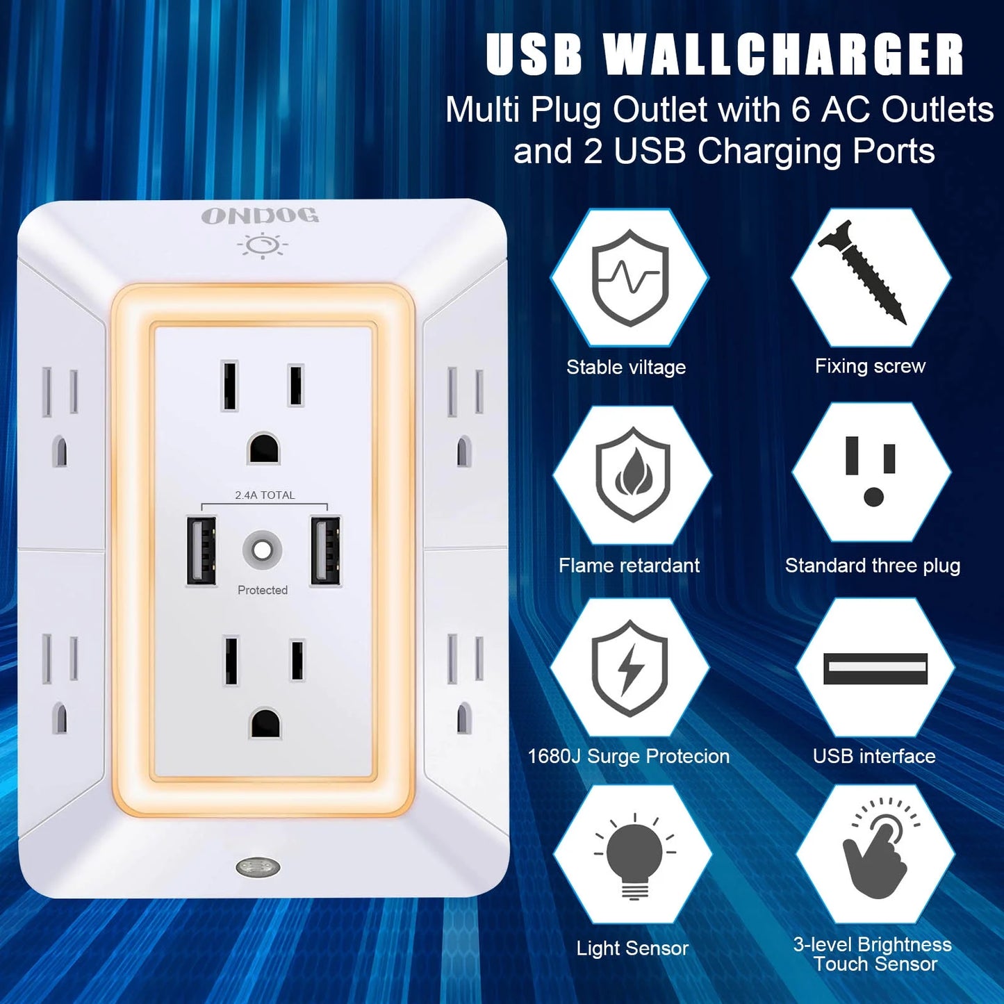 3 Sided Outlet Extender 6 Outlets with 2 USB Ports
