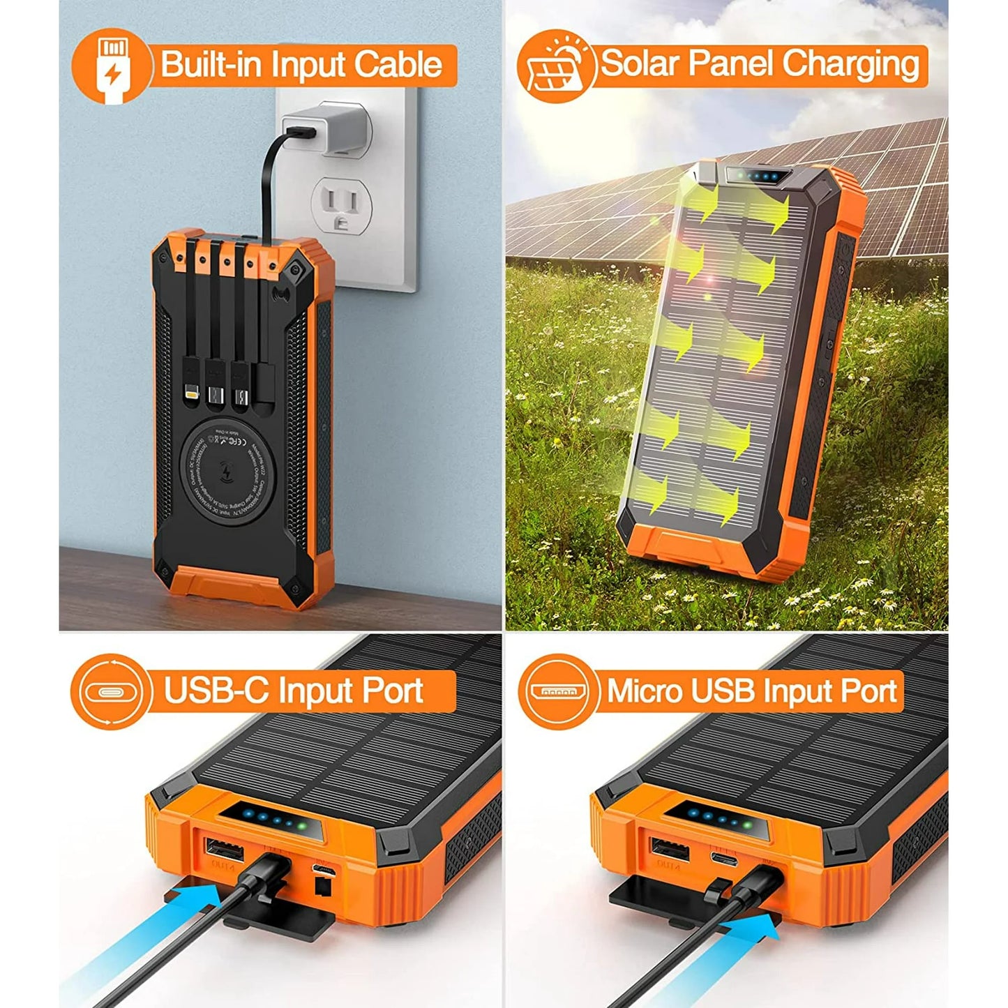 36000Mah Solar Charger Power Bank with 4 Cables