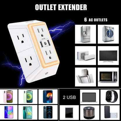3 Sided Outlet Extender 6 Outlets with 2 USB Ports