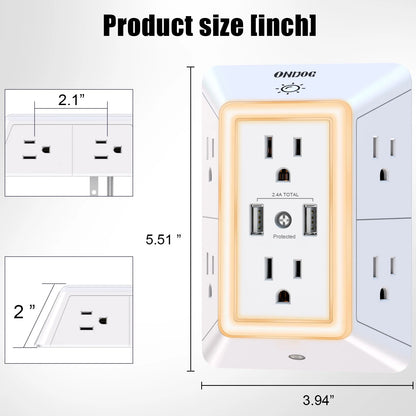 3 Sided Outlet Extender 6 Outlets with 2 USB Ports