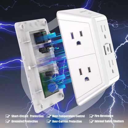 3 Sided Outlet Extender 6 Outlets with 2 USB Ports